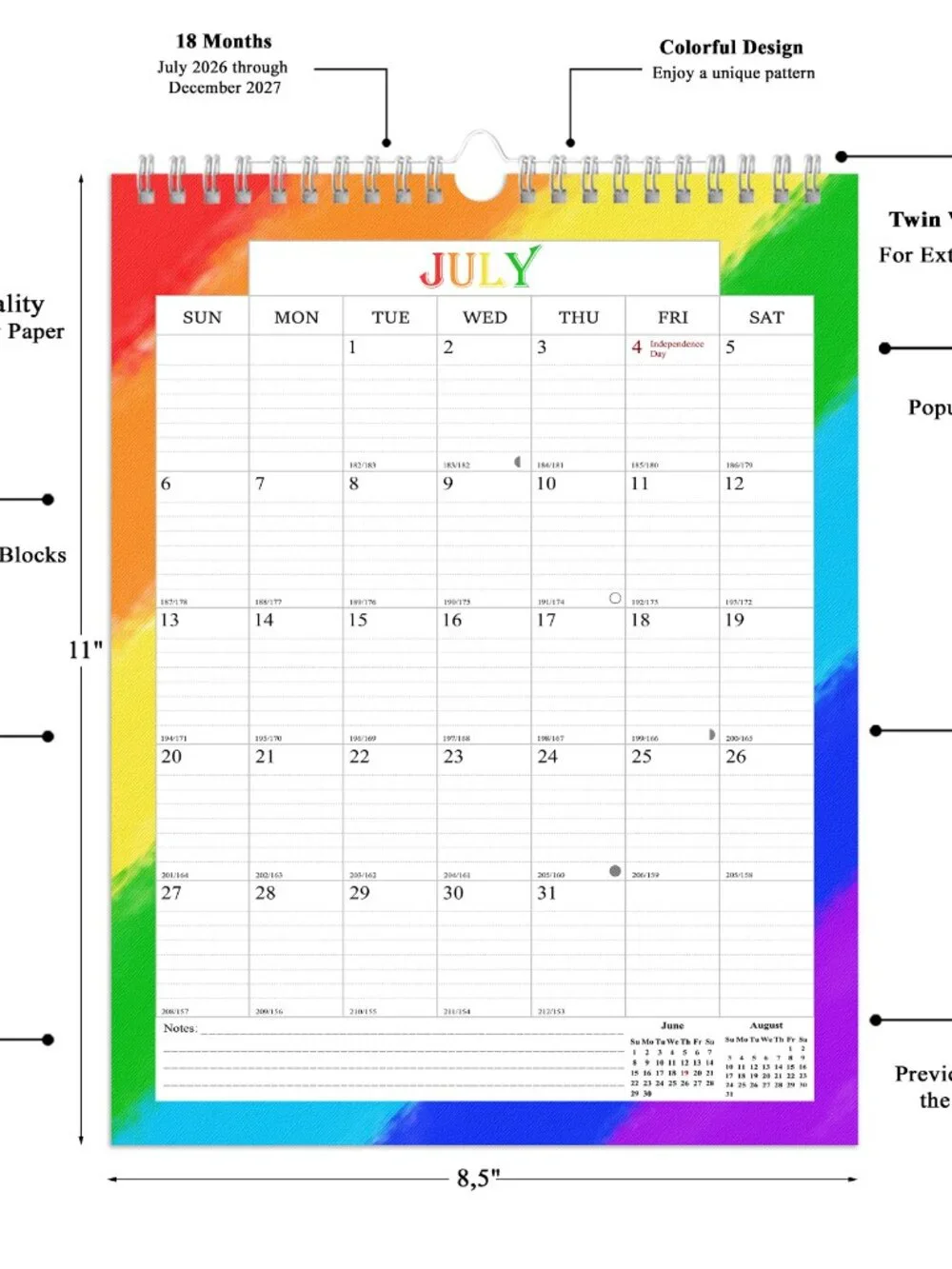 2026-2027 Wall Calendar Spiral-bound Twin-Wire Binding - 18 Months 8.5